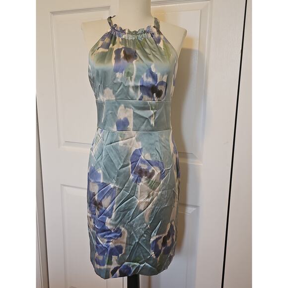 NWT Ann Taylor Silk Halter Dress Womens 4 Petite Watercolor Blue Green Wedding - Picture 6 of 16